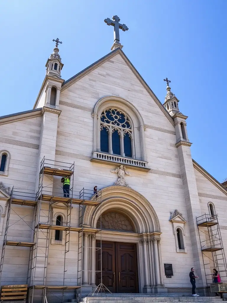 A photograph of the church's exterior, focusing on the work being done to repair and preserve the stonework of the facade.