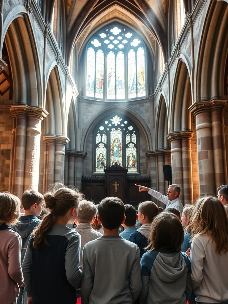 A photograph of a group of children participating in a guided tour of the Church of Saint-Georges-la-Pouge, learning about its history and cultural significance from a knowledgeable guide.