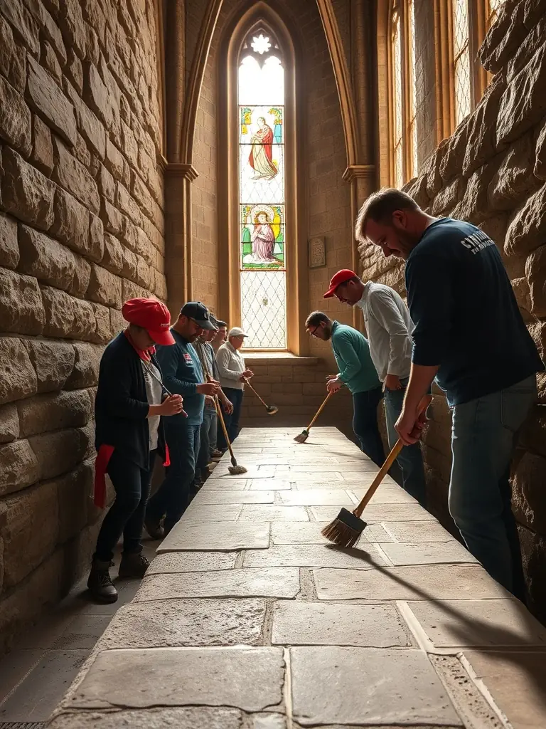 A photograph depicting volunteers cleaning and restoring a section of the church's interior, showcasing their dedication to preserving the historical site.
