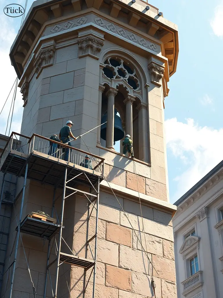 A photograph depicting the ongoing restoration of the church's bell tower, showcasing scaffolding and workers carefully repairing the stonework.