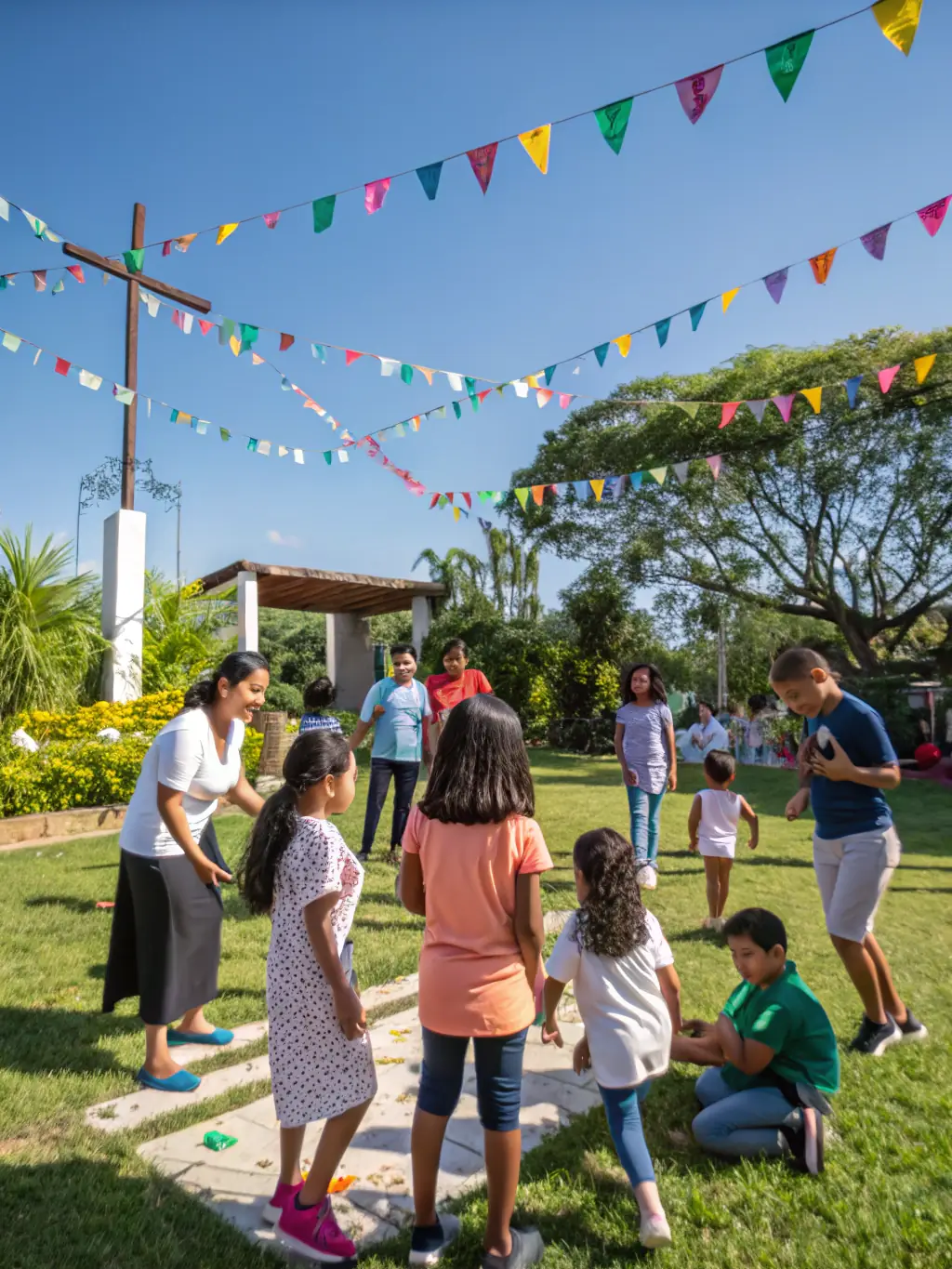 A vibrant image of a community event held on the church grounds, featuring local residents participating in a cultural celebration with traditional music and food.