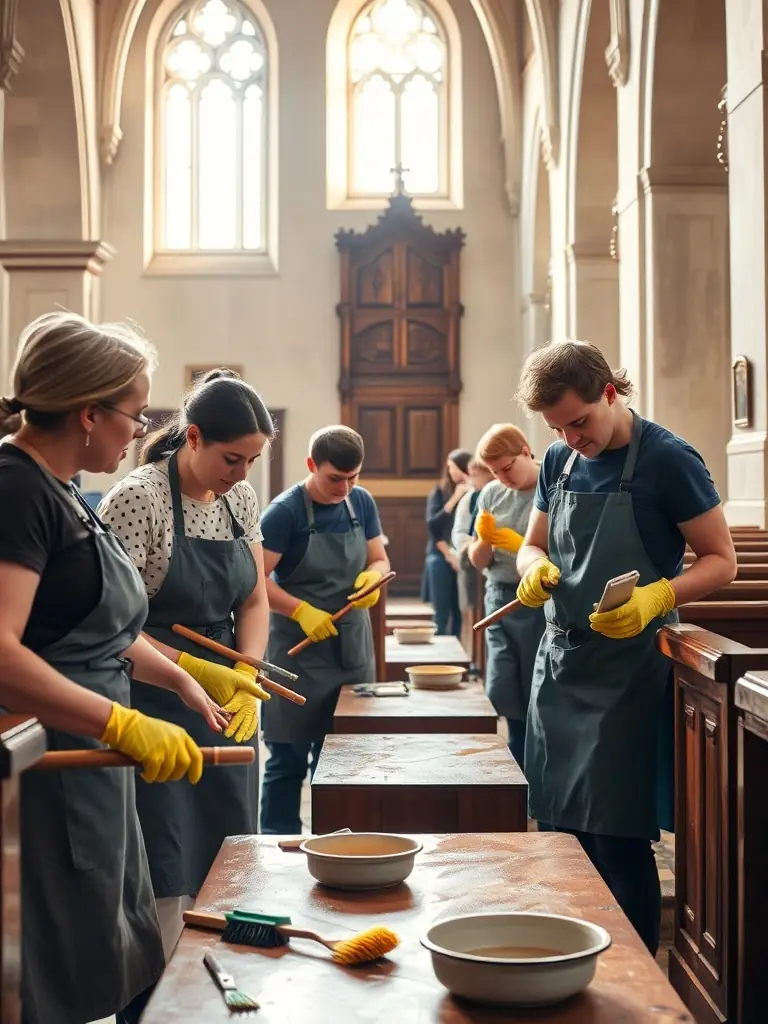 A photograph capturing volunteers cleaning and preserving ancient religious artifacts inside the Church of Saint-Georges-la-Pouge, showcasing community involvement and dedication to preserving historical items.