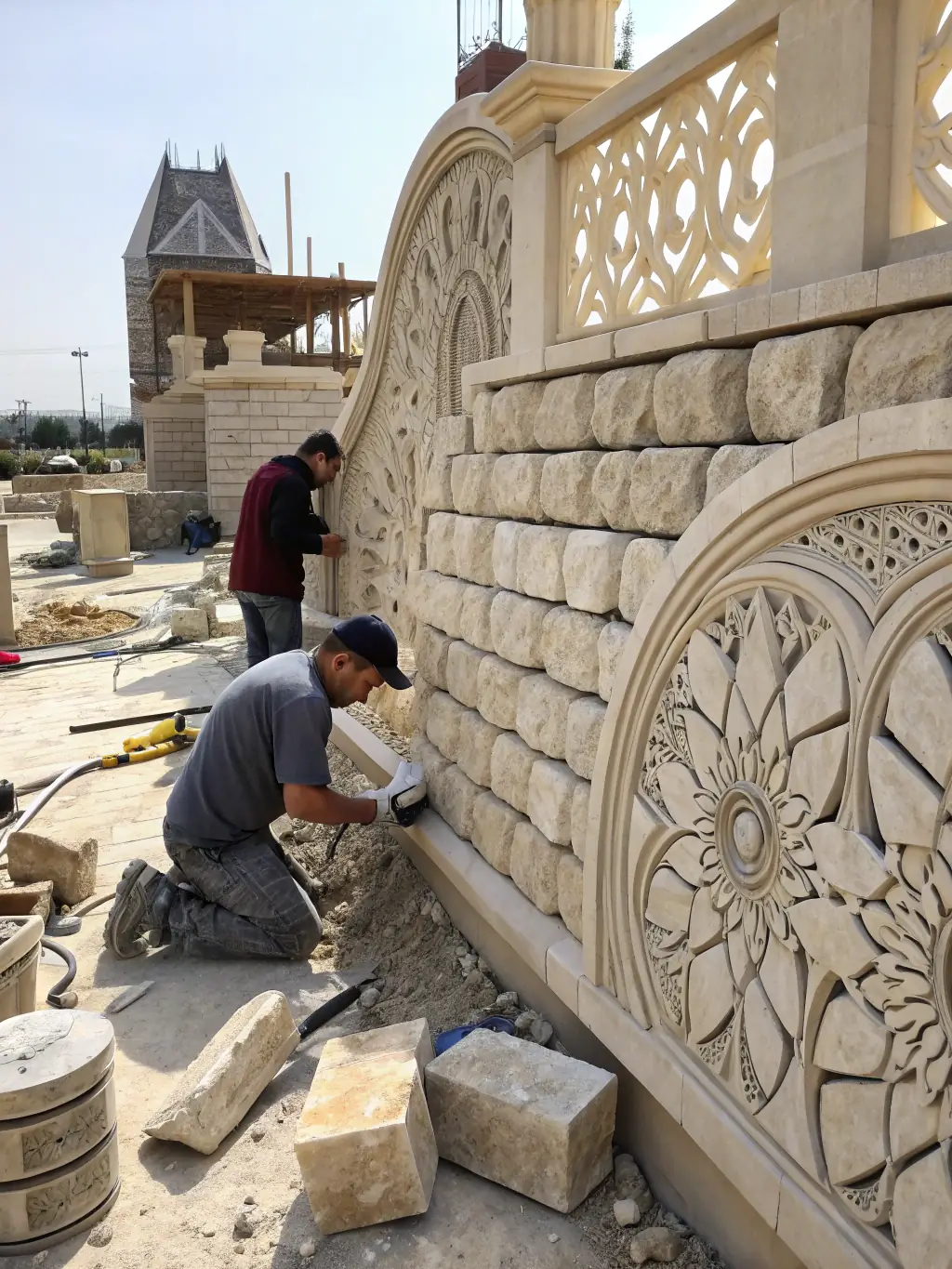 A photograph of a stonemason working on the exterior of the Church of Saint-Georges-la-Pouge, carefully replacing damaged stones to maintain the building's structural integrity and historical appearance.