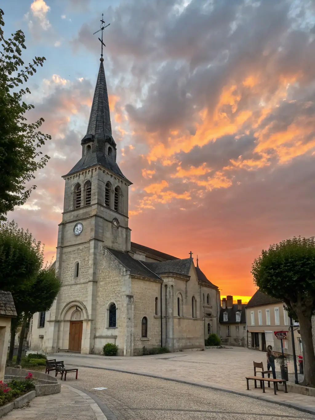 A photograph showcasing the restored exterior of the Church of Saint-Georges-la-Pouge, bathed in sunlight, emphasizing its architectural beauty and historical significance.