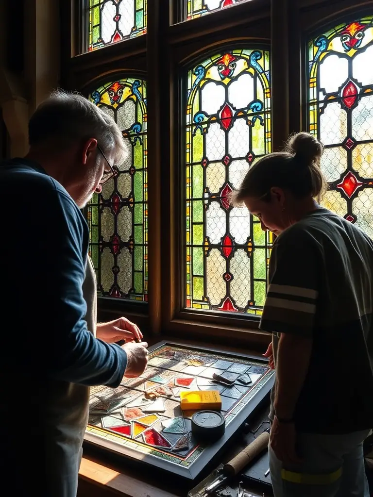 A photograph showing the restoration of the church's stained glass windows, with artisans carefully piecing together and repairing the intricate designs.