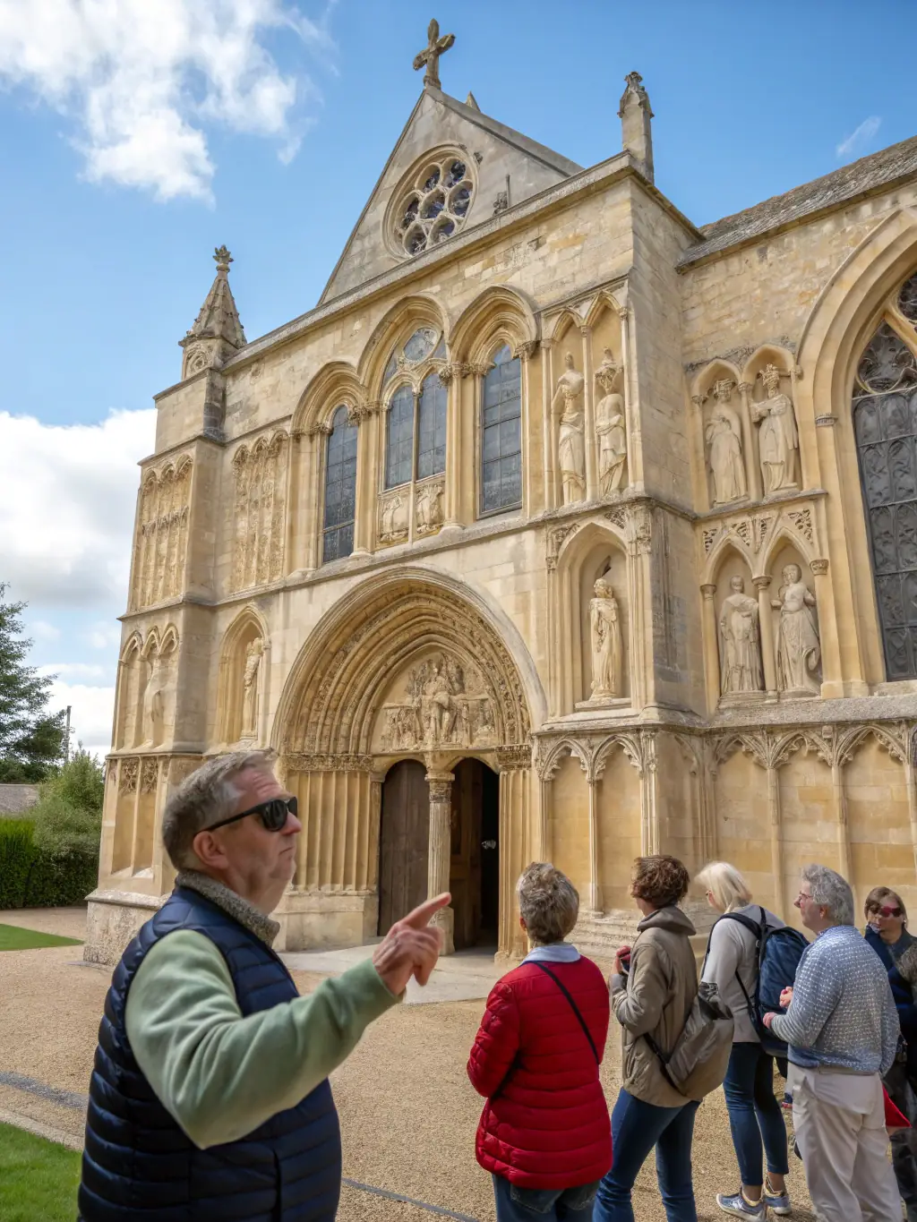 A photograph of a guided tour group exploring the church, with a knowledgeable guide pointing out historical features and sharing stories about the church's past.