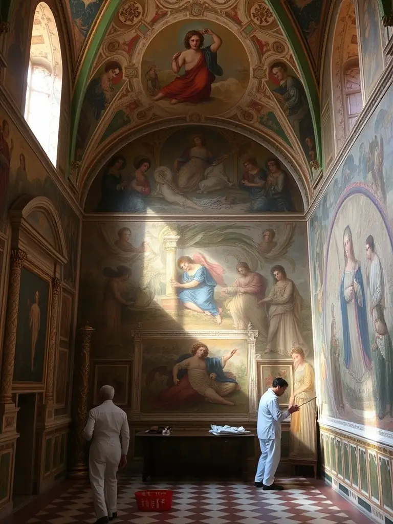 A photograph showing the interior of the church, with restoration work being done on the frescoes, highlighting the delicate process of preserving the artwork.