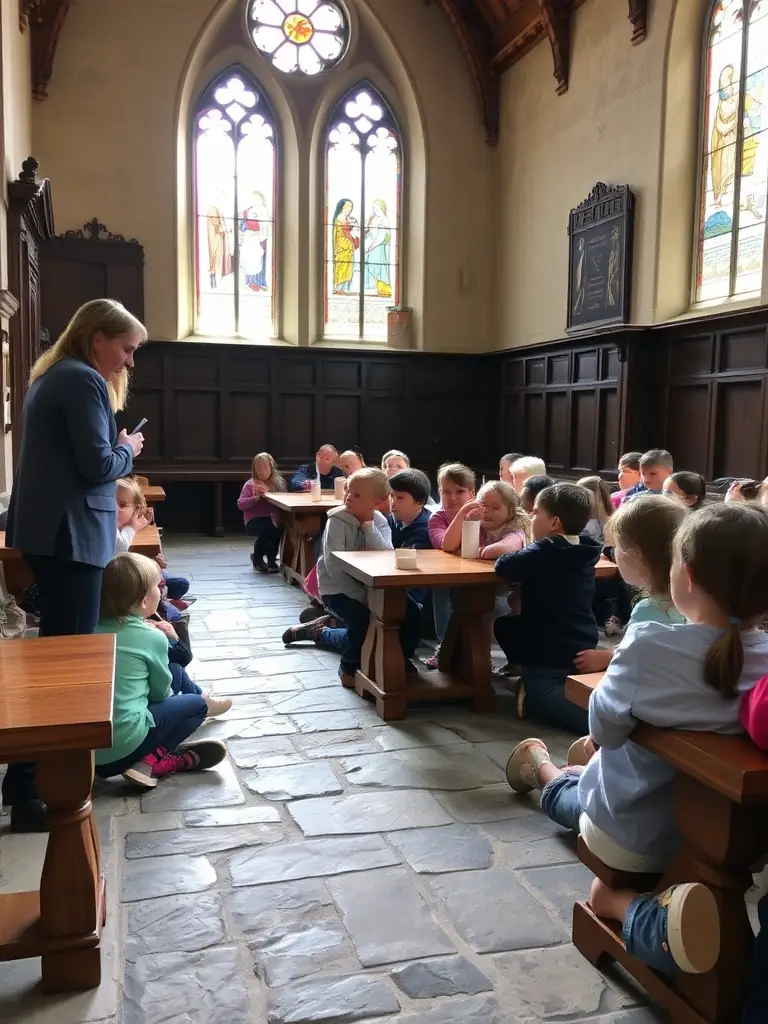 A photograph of educational programs being conducted inside the church, with children learning about its history and significance.
